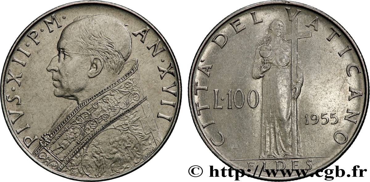 VATICAN AND PAPAL STATES 100 Lire Pie XII an XVII 1955 Rome AU