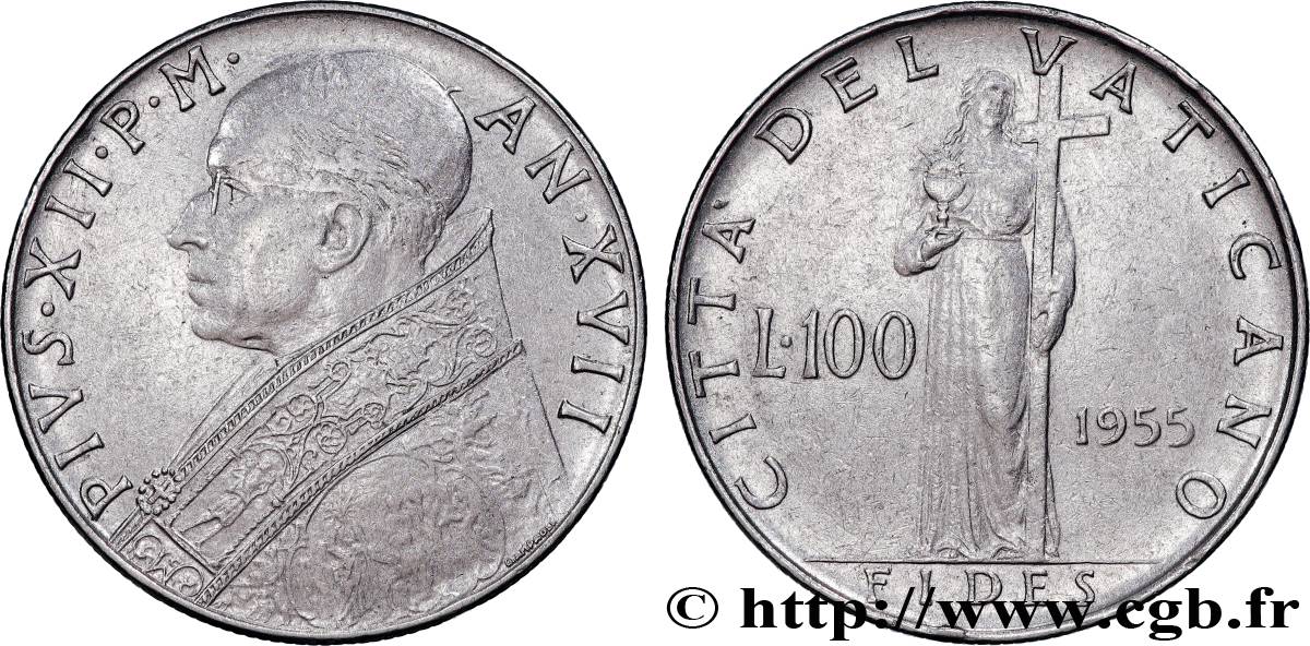 VATICAN AND PAPAL STATES 100 Lire Pie XII an XVII 1955 Rome AU