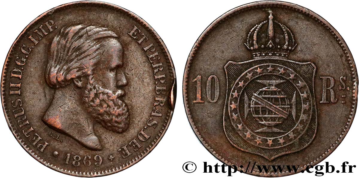 BRÉSIL 10 Réis Pierre II 1869  TTB 