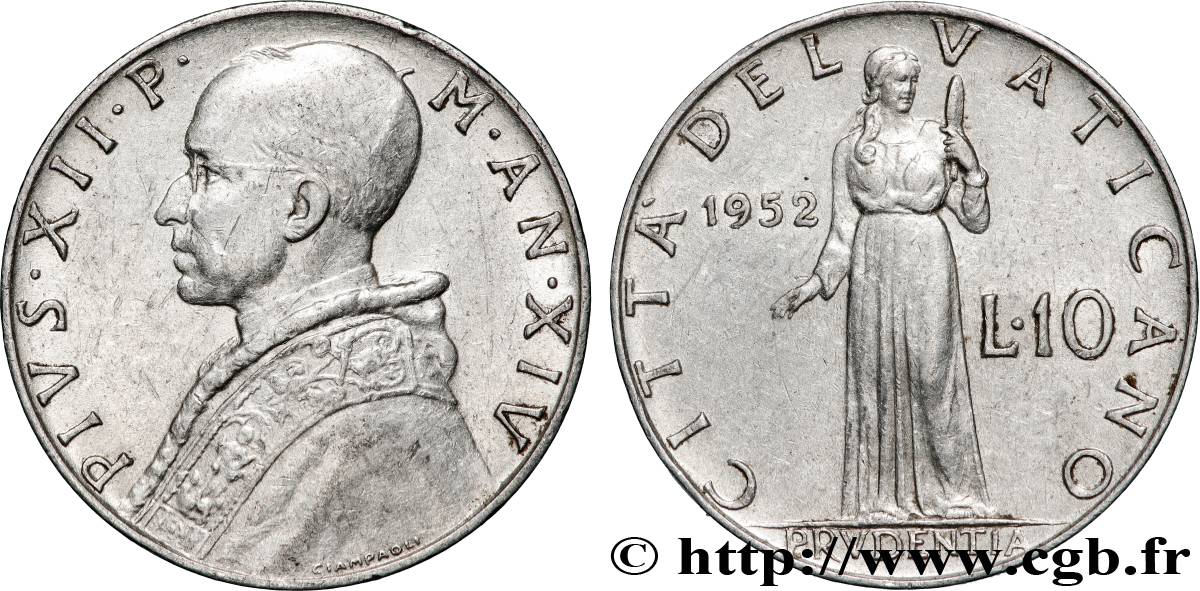 VATICAN ET ÉTATS PONTIFICAUX 10 Lire Pie XII an XIV 1952 TTB+