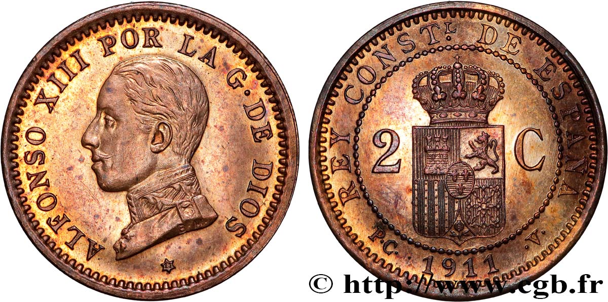 ESPAGNE 2 Centimos Alphonse XIII 1911 Madrid SUP