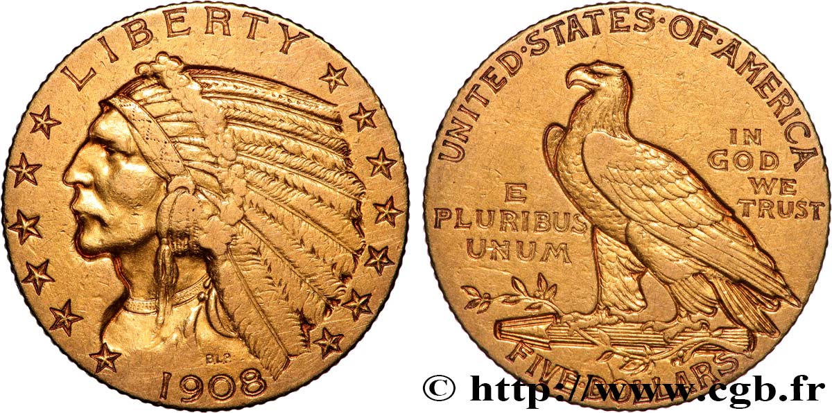 OR, PALLADIUM ET PLATINE INVESTISSEMENT 5 Dollars Liberty 1908 Philadelphie TTB+