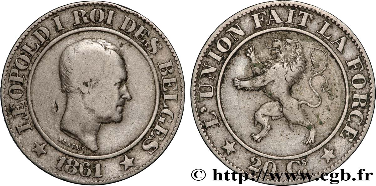 BELGIQUE 20 Centimes Léopold Ier 1861 TB