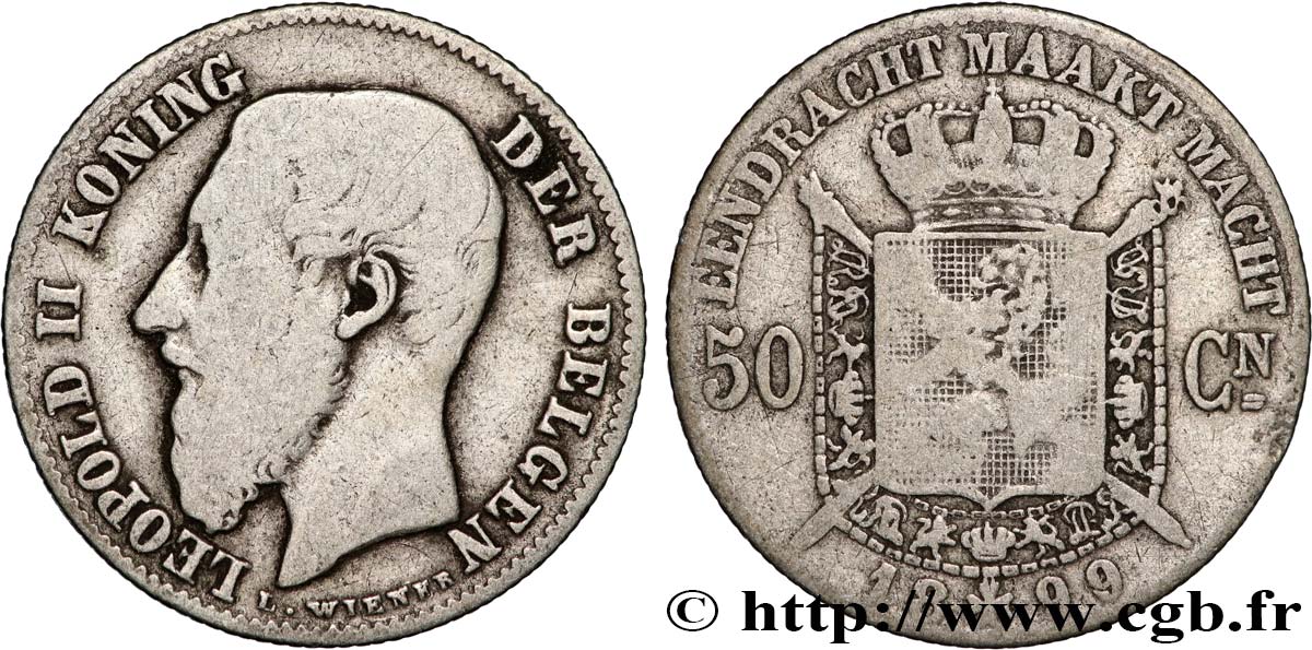 BELGIQUE 50 Centiemen (Centimes) Léopold II légende flamande 1899 TB