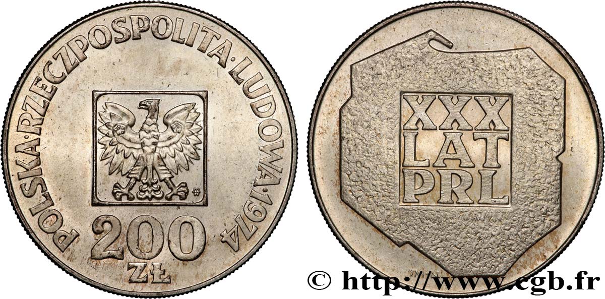 POLOGNE 200 Zlotych aigle 30e anniversaire de la fondation de la république populaire 1974 Varsovie SUP