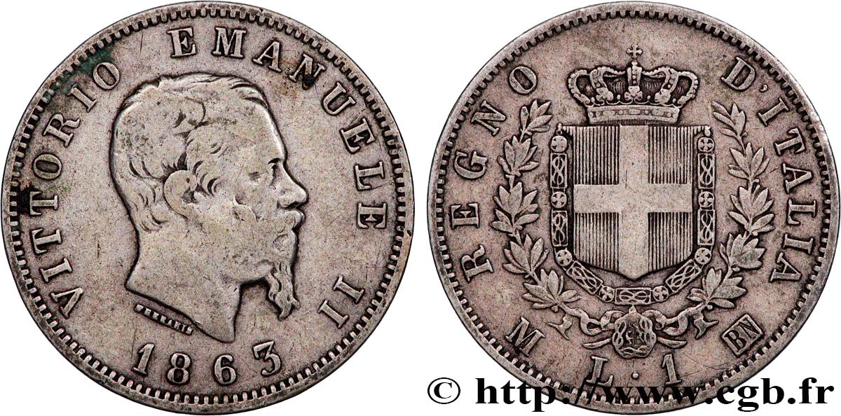 ITALIEN 1 Lire Victor Emmanuel II 1863 Milan fSS