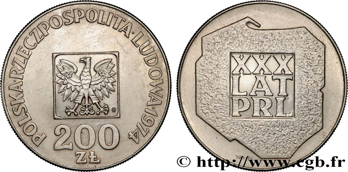 POLOGNE 200 Zlotych aigle 30e anniversaire de la fondation de la république populaire 1974 Varsovie SUP