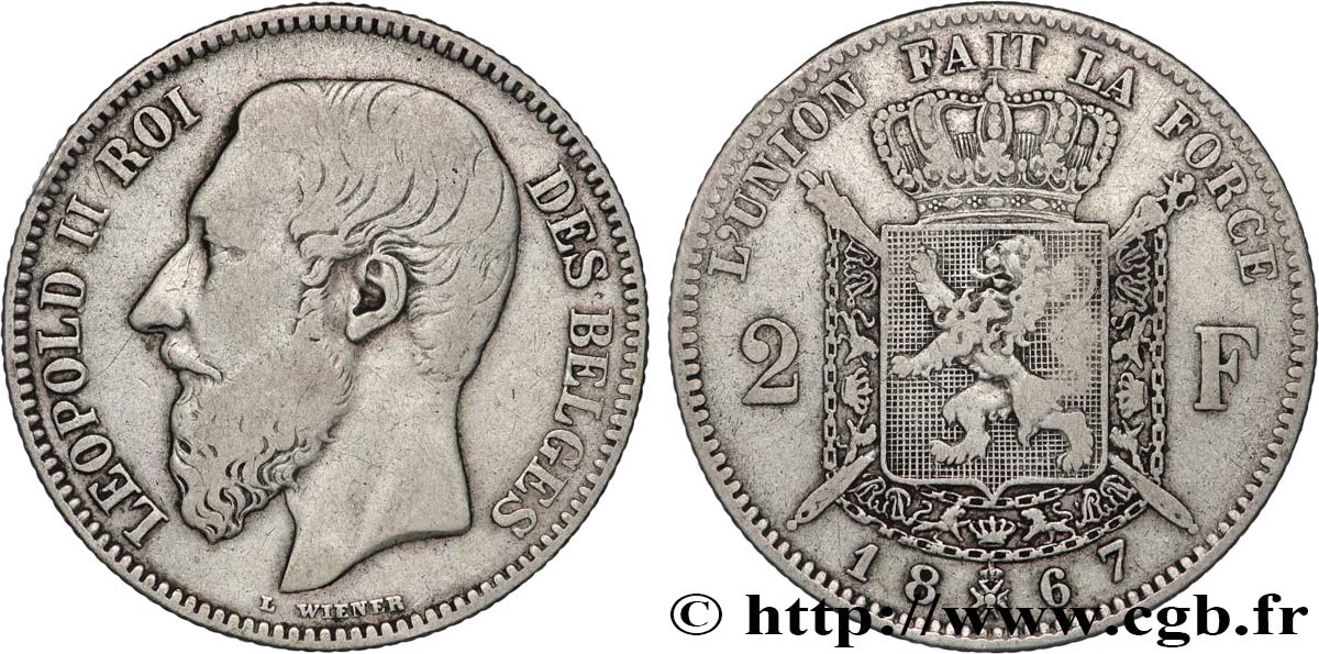 BELGIQUE 2 Francs Léopold II légende française 1867 TB+