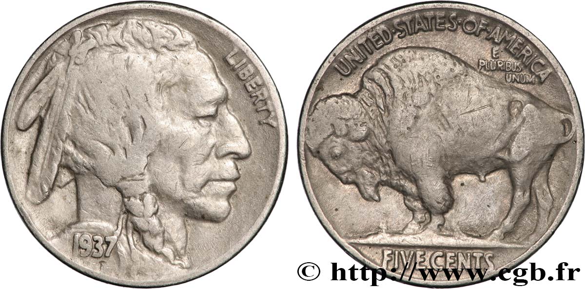 ÉTATS-UNIS D AMÉRIQUE 5 Cents Tête d’indien ou Buffalo 1937 Philadelphie TB+