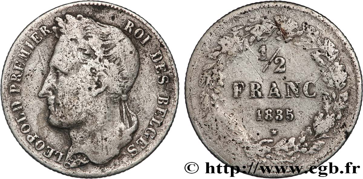 BELGIQUE 1/2 Franc Léopold tête laurée 1835 B+