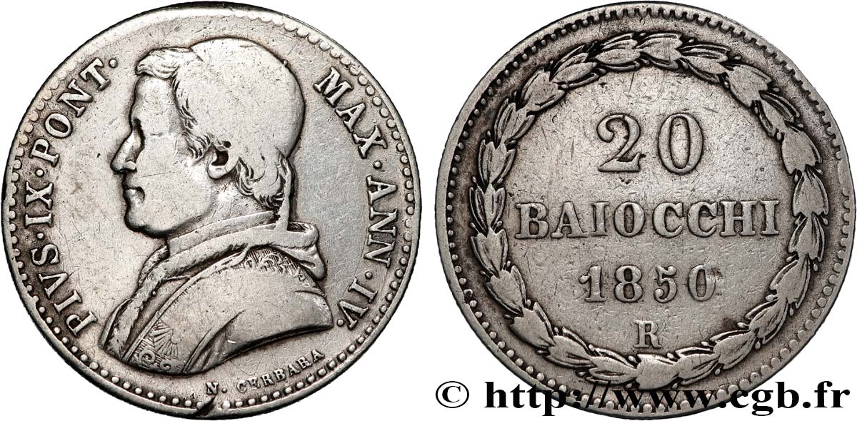 VATICAN ET ÉTATS PONTIFICAUX 20 Baiocchi Pie IX an IV 1850 Rome TB+