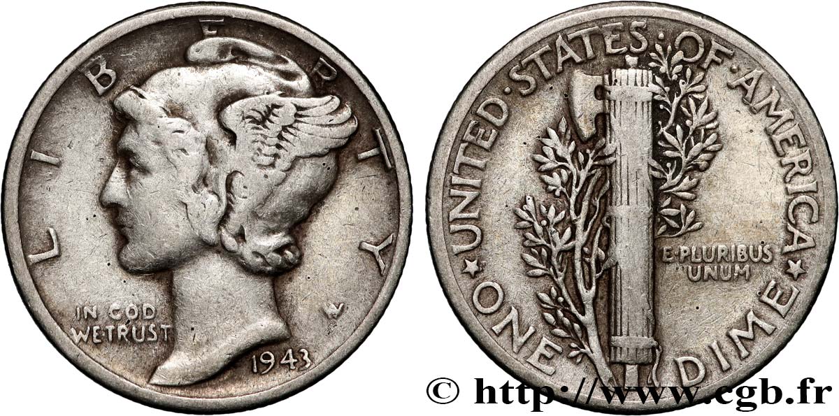 STATI UNITI D AMERICA 1 Dime Mercury 1943 Philadelphie q.BB