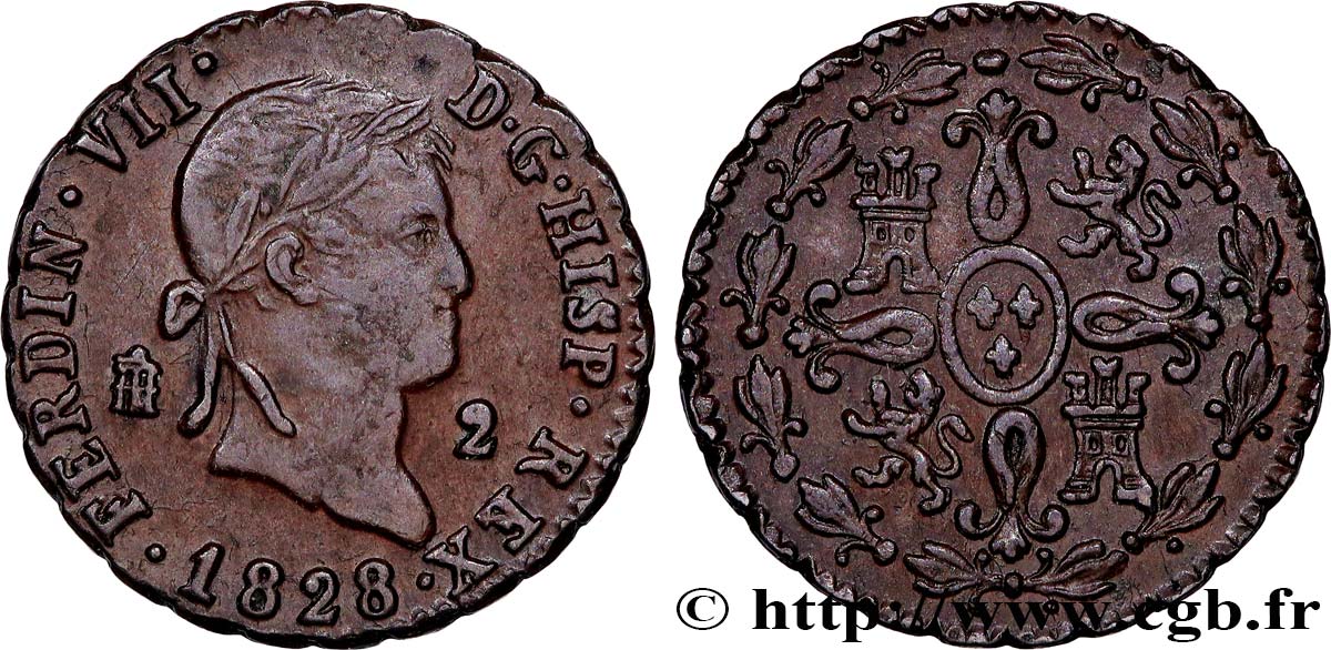 ESPAGNE 2 Maravedis Ferdinand VII 1828 Ségovie TTB+/SUP