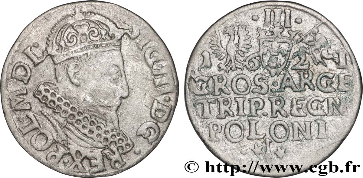 POLOGNE - ROYAUME DE POLOGNE - SIGISMOND III VASA Trois groschen ou trojak koronny 1621 Cracovie TB+