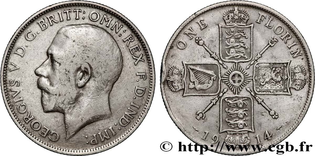 UNITED KINGDOM 1 Florin Georges V 1914 VF