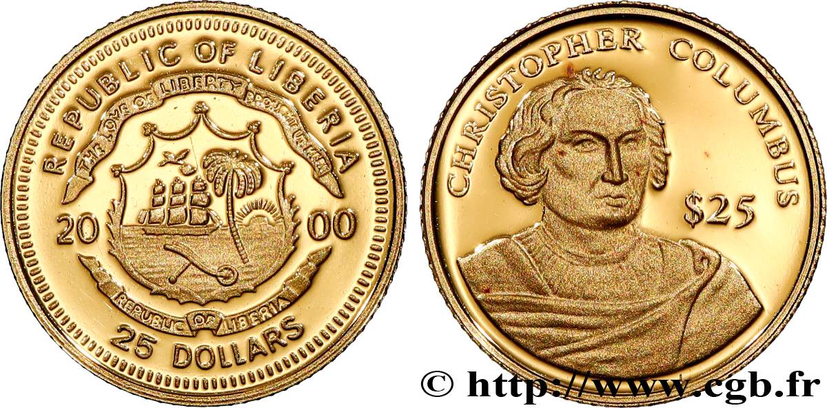 LIBERIA 25 Dollars Proof Christophe Colomb 2000 ST