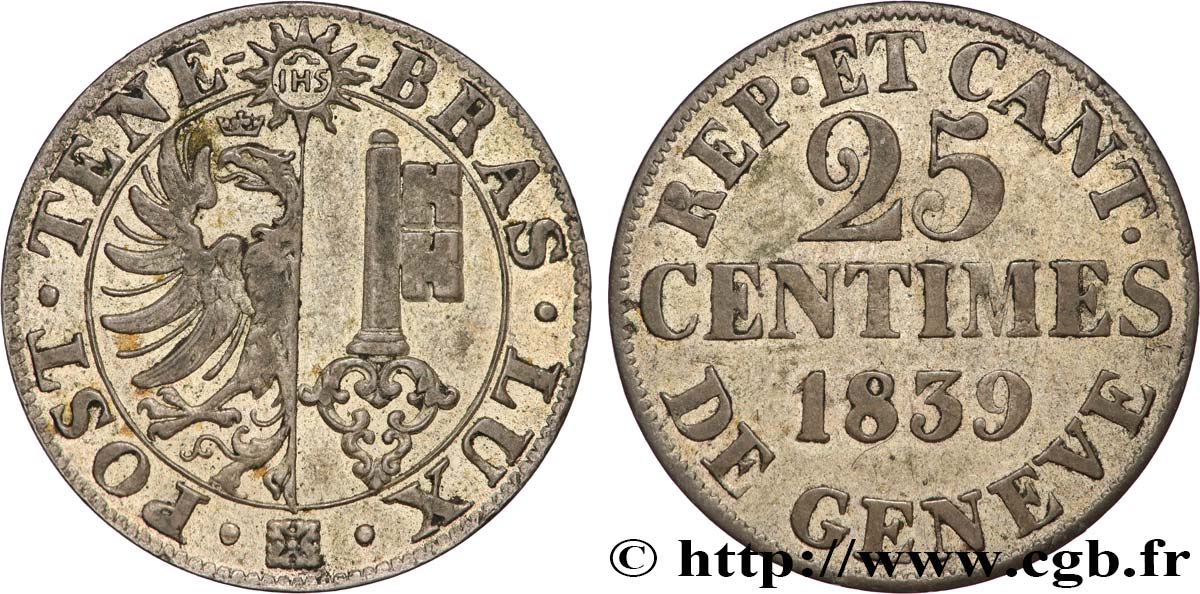 SUISSE - RÉPUBLIQUE DE GENÈVE 25 Centimes 1839 TTB