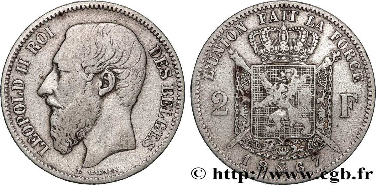 BELGIQUE 2 Francs Léopold II légende française 1867 TB+