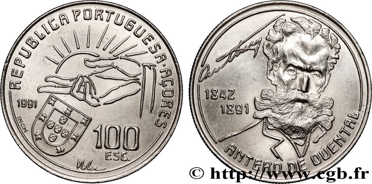 AZORES 100 Escudos 100e anniversaire de la mort du poète Antero de Quental 1991 AU