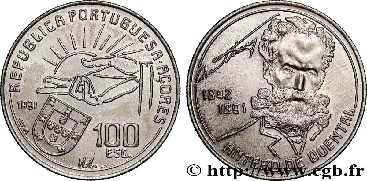 AÇORES 100 Escudos 100e anniversaire de la mort du poète Antero de Quental 1991 SUP