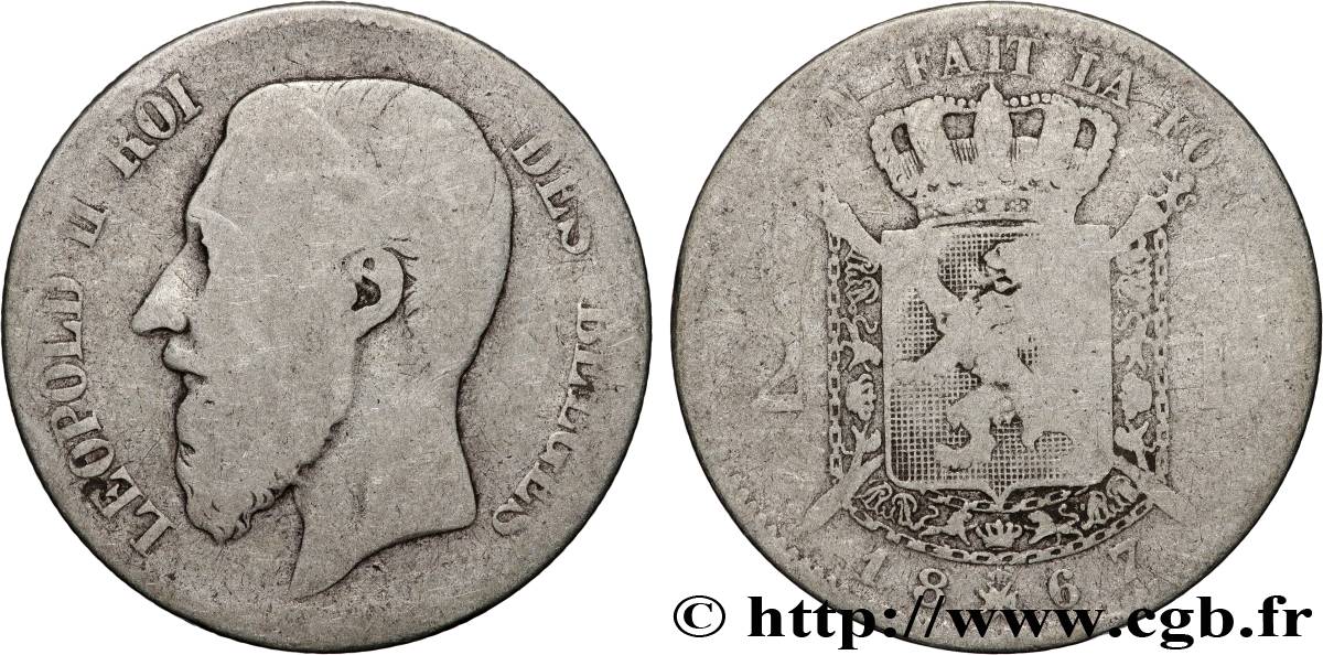 BELGIQUE 2 Francs Léopold II légende française 1867 B+