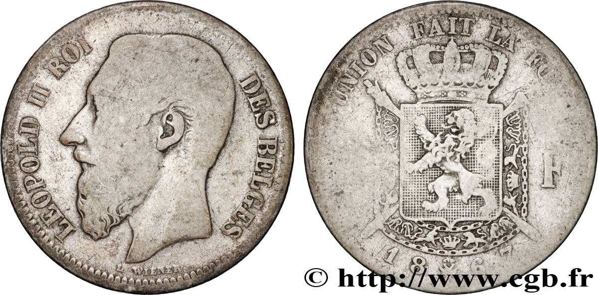 BELGIQUE 2 Francs Léopold II légende française 1867 B+