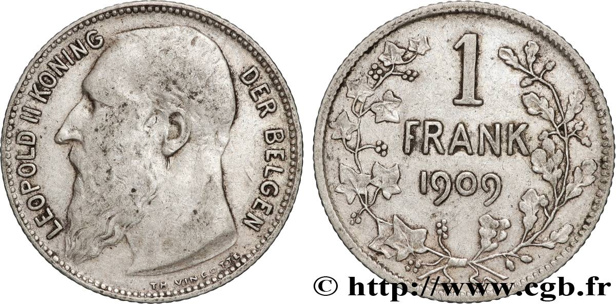 BELGIQUE 1 Frank (Franc) Léopold II légende flamande 1909 TB+