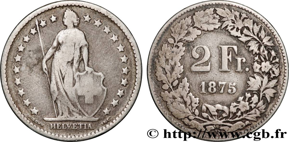 SVIZZERA 2 Francs Helvetia 1875 Berne MB
