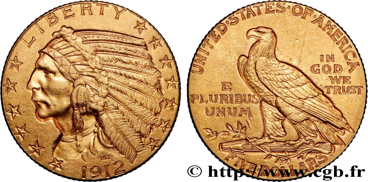 OR, PALLADIUM ET PLATINE INVESTISSEMENT 5 Dollars Indian Head 1912 Philadelphie TTB+