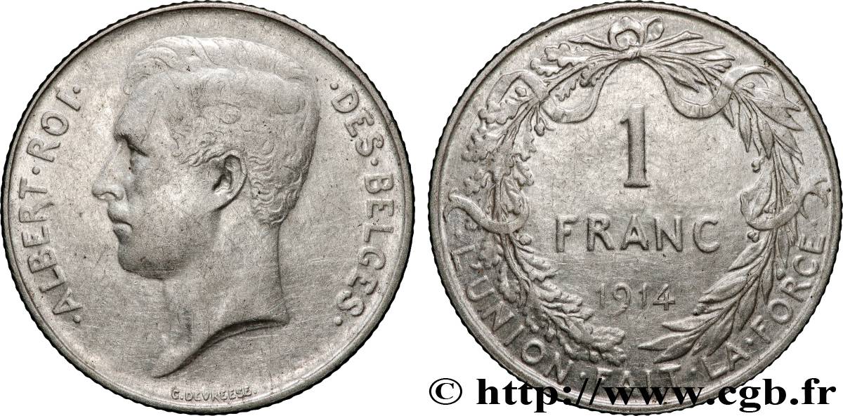 BELGIQUE 1 Franc Albert Ier légende française 1914 TB+