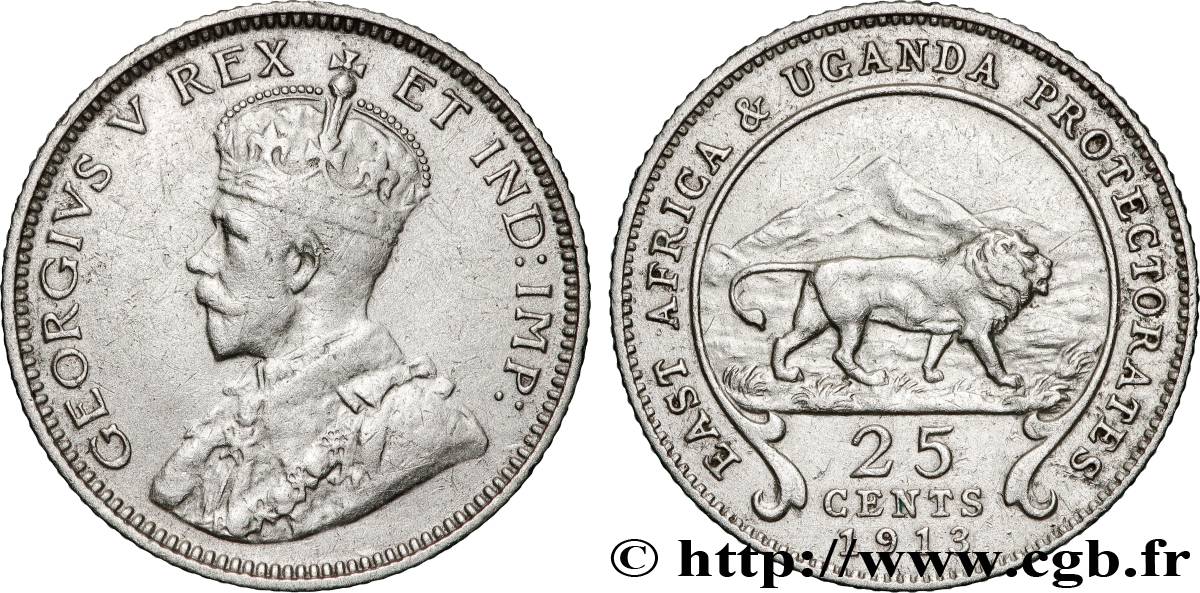 AFRICA DI L EST BRITANNICA E UGANDA - PROTETTORATI 25 Cents Georges V 1913 British Royal Mint q.SPL