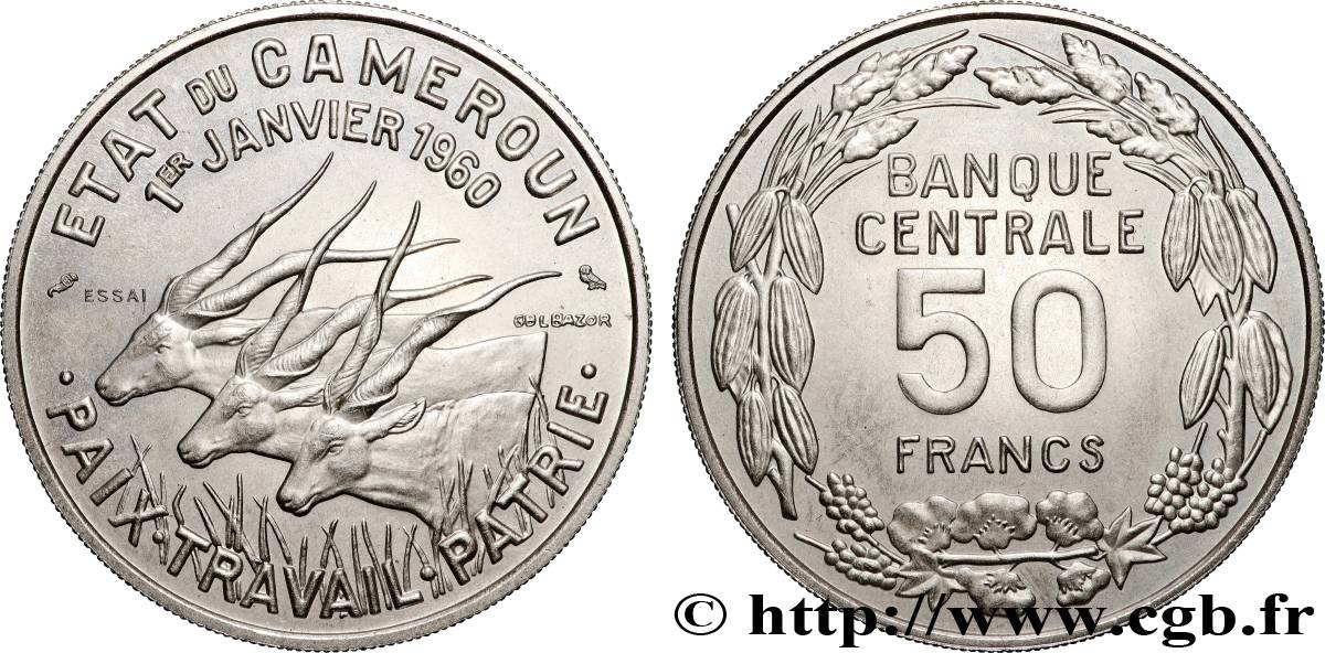 CAMEROUN Essai de 50 Francs Etat du Cameroun, commémoration de l’indépendance, antilopes 1960 Paris SPL