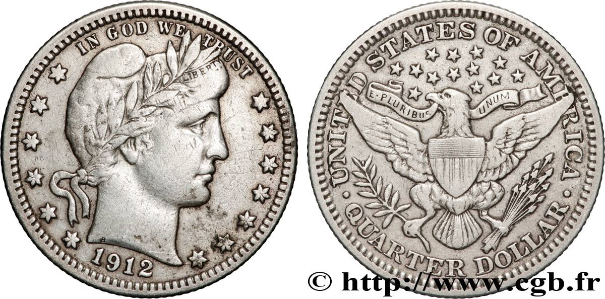 ÉTATS-UNIS D AMÉRIQUE 1/4 Dollar Barber 1912 Philadelphie TB+