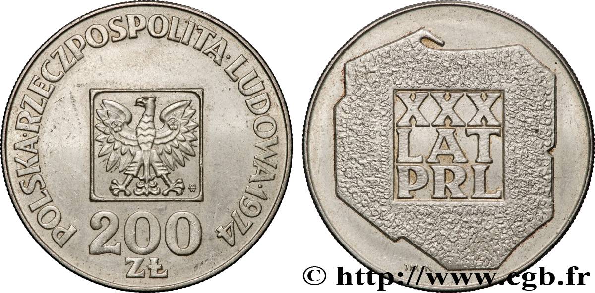 POLOGNE 200 Zlotych aigle 30e anniversaire de la fondation de la république populaire 1974 Varsovie SUP