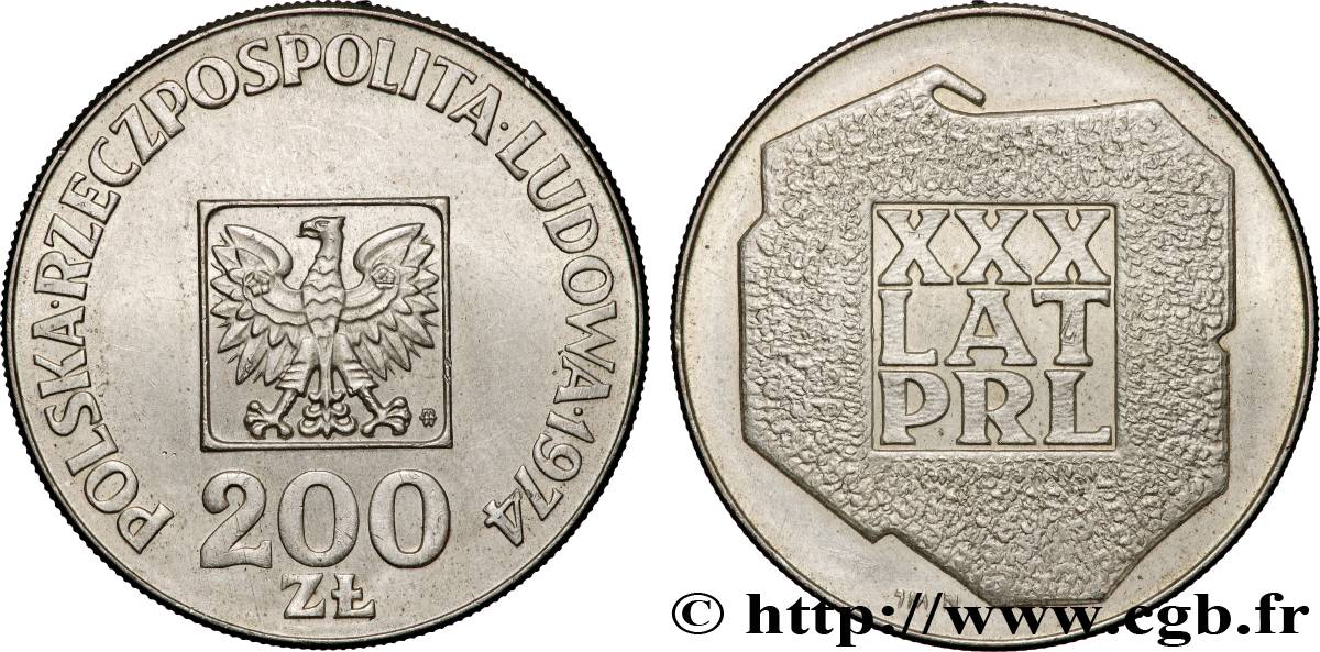 POLOGNE 200 Zlotych aigle 30e anniversaire de la fondation de la république populaire 1974 Varsovie SUP