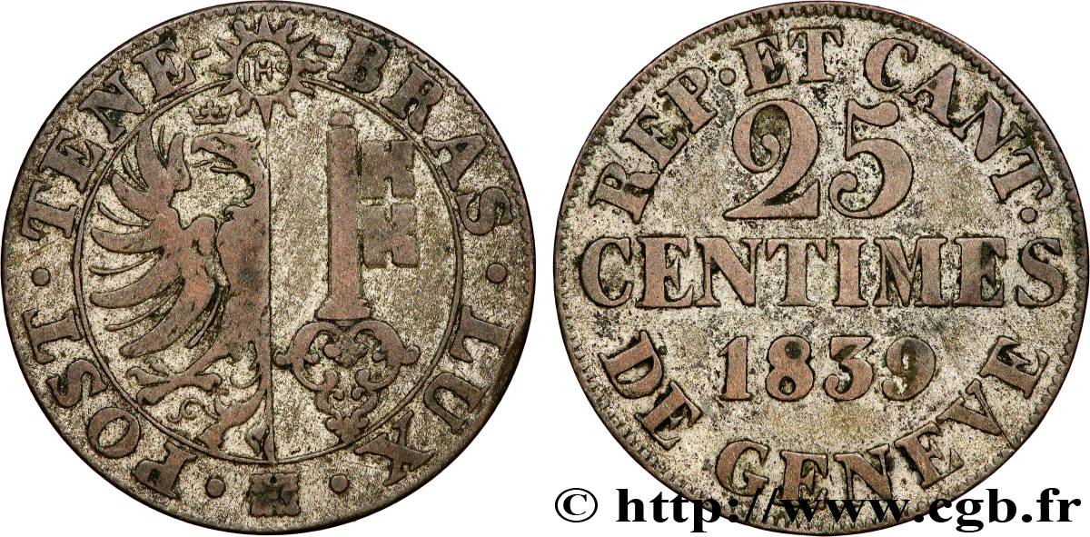 SUISSE - RÉPUBLIQUE DE GENÈVE 25 Centimes - Canton de Genève 1839 TB+