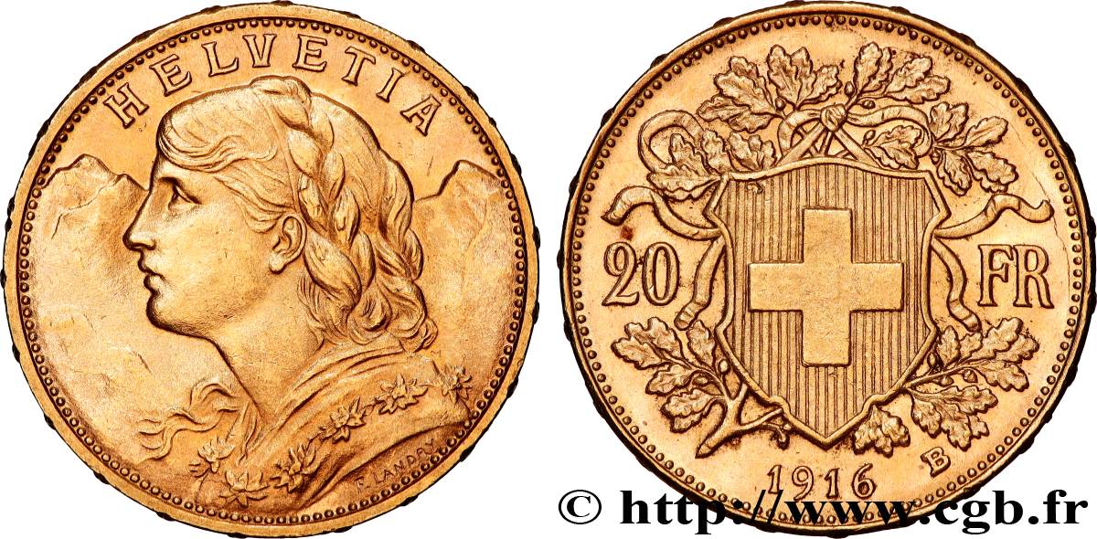 GOLD, PALLADIUM & PLATINUM INVESTMENT 20 Francs or Vreneli 1916 Berne AU