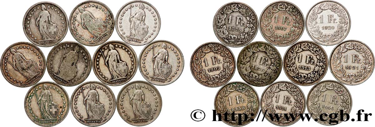 ARGENT D INVESTISSEMENT Lot de 10 pièces de 1 Franc Helvetia n.d. Berne TB+