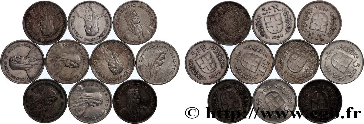 ARGENT D INVESTISSEMENT Lot de 10 x 5 Francs Berger des alpes n.d. Berne TTB