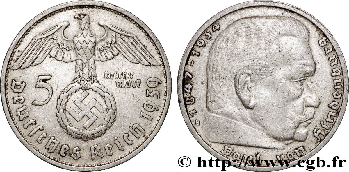 ALLEMAGNE 5 Reichsmark aigle / Maréchal Paul von Hindenburg 1939 Vienne TTB