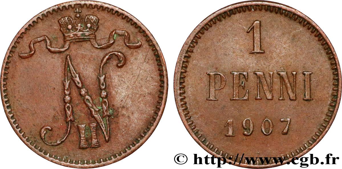FINLANDE 1 Penni monogramme Tsar Nicolas II 1907 TTB