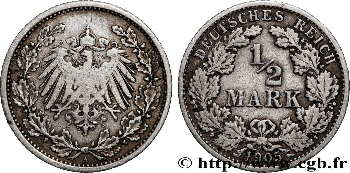ALLEMAGNE 1/2 Mark Empire aigle impérial 1905 Berlin TB+