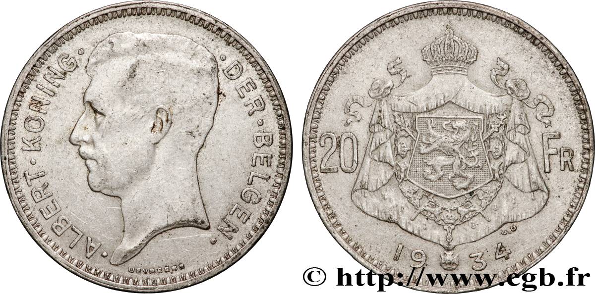 BELGIQUE 20 Francs Albert Ier légende Flamande 1934 TTB