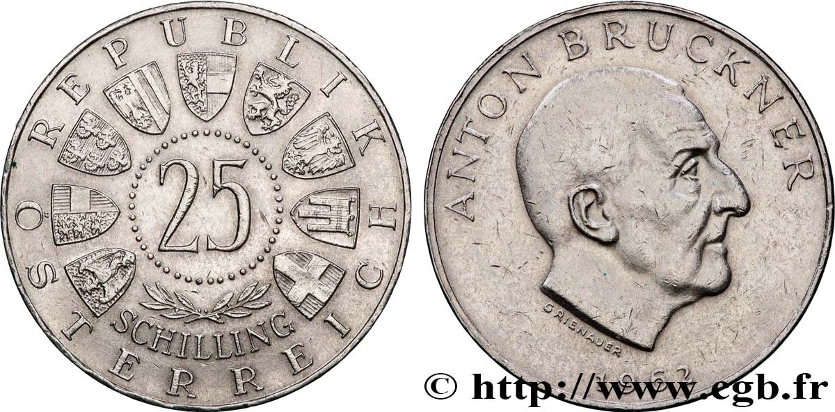 AUSTRIA 25 Schilling le compositeur Anton Bruckner 1962 AU