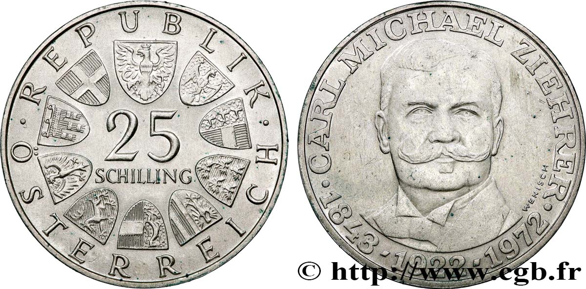AUTRICHE 25 Schilling 50e anniversaire de la mort du compositeur Carl Michael Ziehrer 1972  SUP
