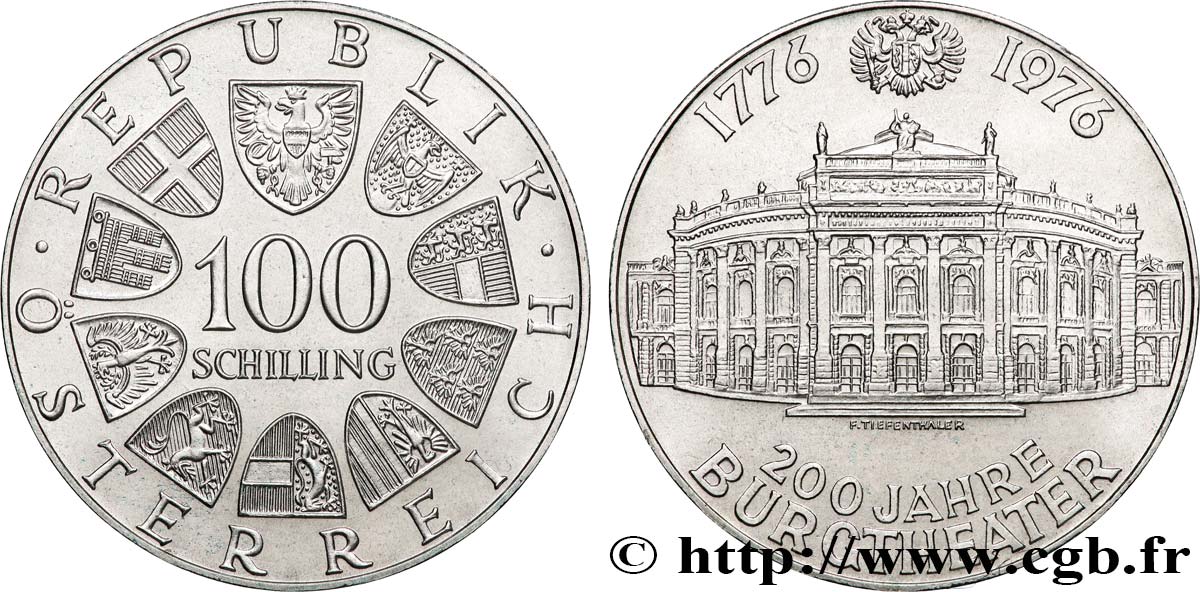 AUTRICHE 100 Schilling 200e anniversaire du Burgtheater de Vienne 1976 SUP