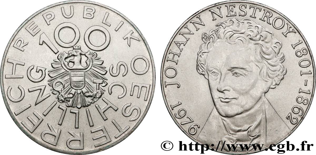 AUTRICHE 100 Schilling 175e anniversaire de la naissance de Johann Nestroy, comédien et dramaturge viennois 1976 monnaie nettoyée SUP