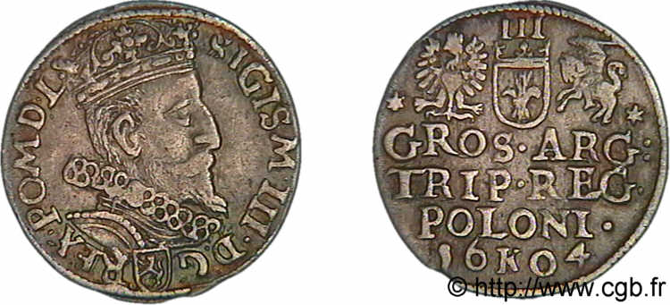 POLOGNE - ROYAUME DE POLOGNE - SIGISMOND III VASA Trois groschen ou trojak koronny 1604 Cracovie TTB+