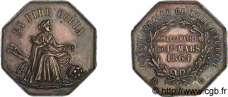 COLONIES (LES BANQUES DES...) Jeton AR 29 octogonal, Crédit Foncier de l île Maurice 1864 Monnaie de Paris FDC 