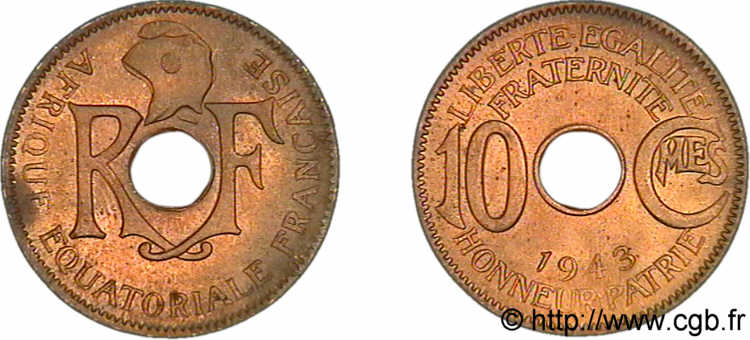 AFRIQUE ÉQUATORIALE FRANÇAISE 10 centimes AEF 1943 Prétoria AU 